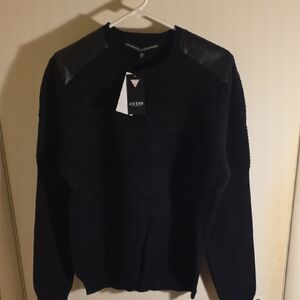 GUESS Men's Black Crewneck Sweater with Leather Accents